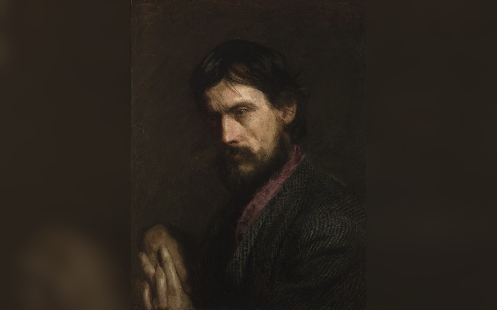 Painted portrait of a bearded man in a dark jacket against a shadowy background