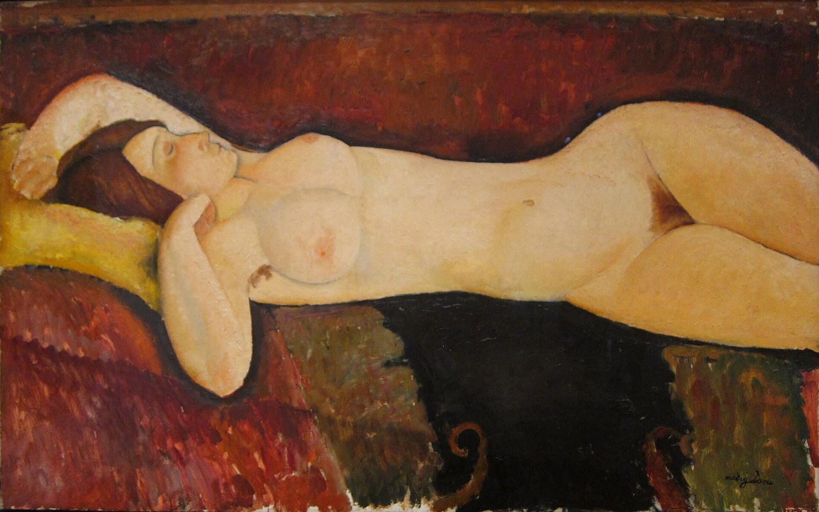 Painting of a reclining nude woman with closed eyes on red and gold cushions