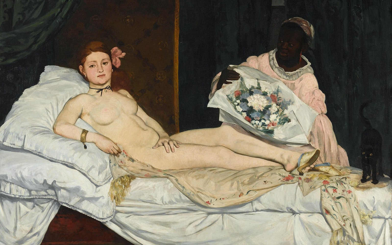 Reclining nude woman on white sheets with a maid holding flowers and a black cat