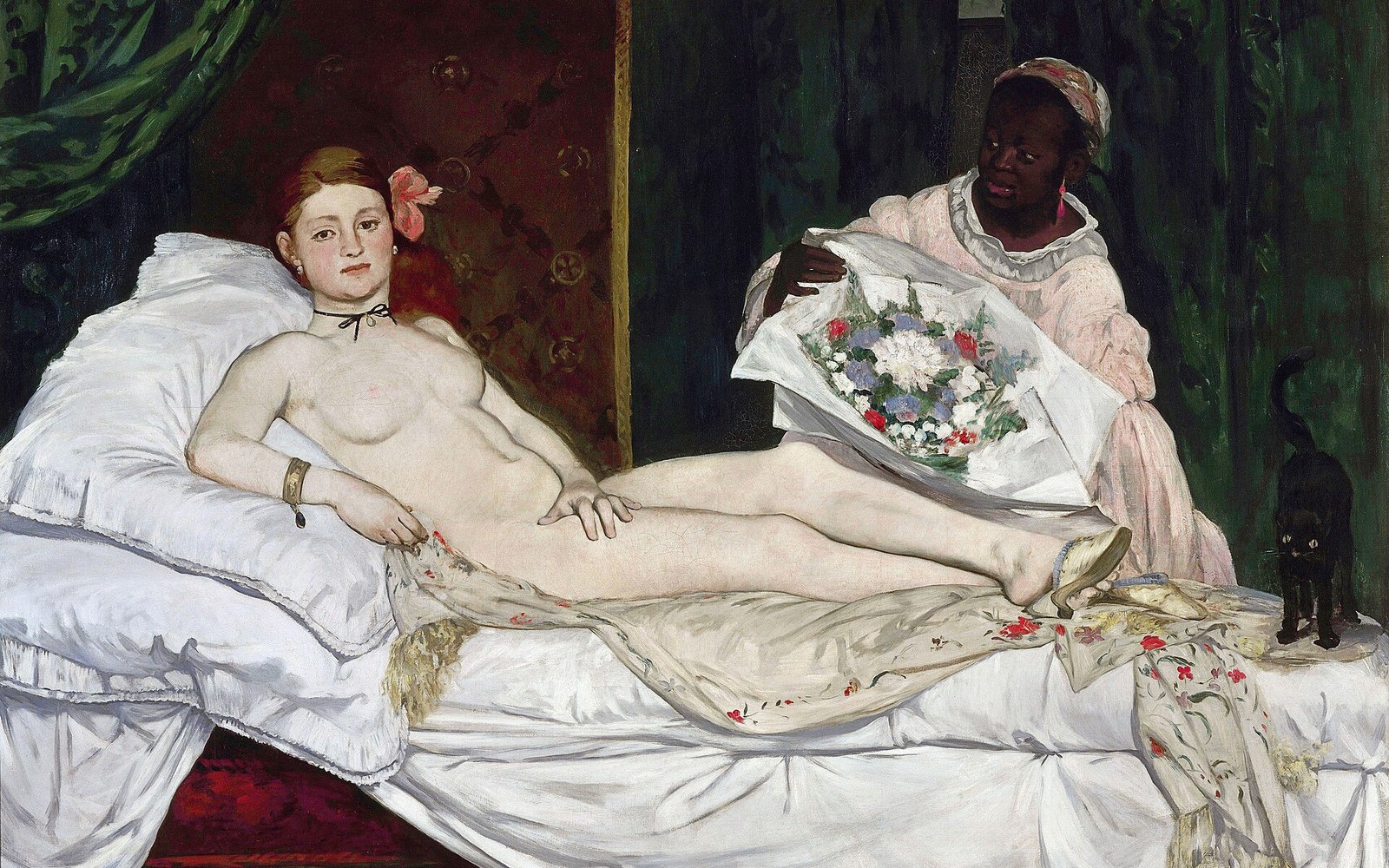 Manet's Olympia (1863) on the wall of the Musée d'Orsay, an adult visitor standing at viewing distance in front of it
